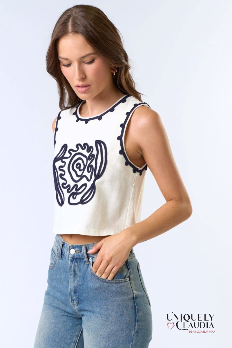 Elaine Detailed Ivory Denim Vest Top | Uniquely Claudia Boutique