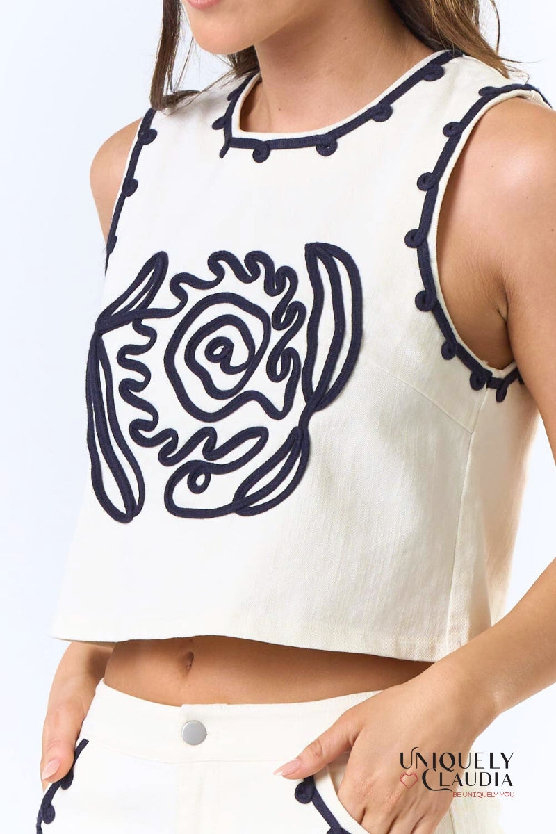 Elaine Detailed Ivory Denim Vest Top | Uniquely Claudia Boutique