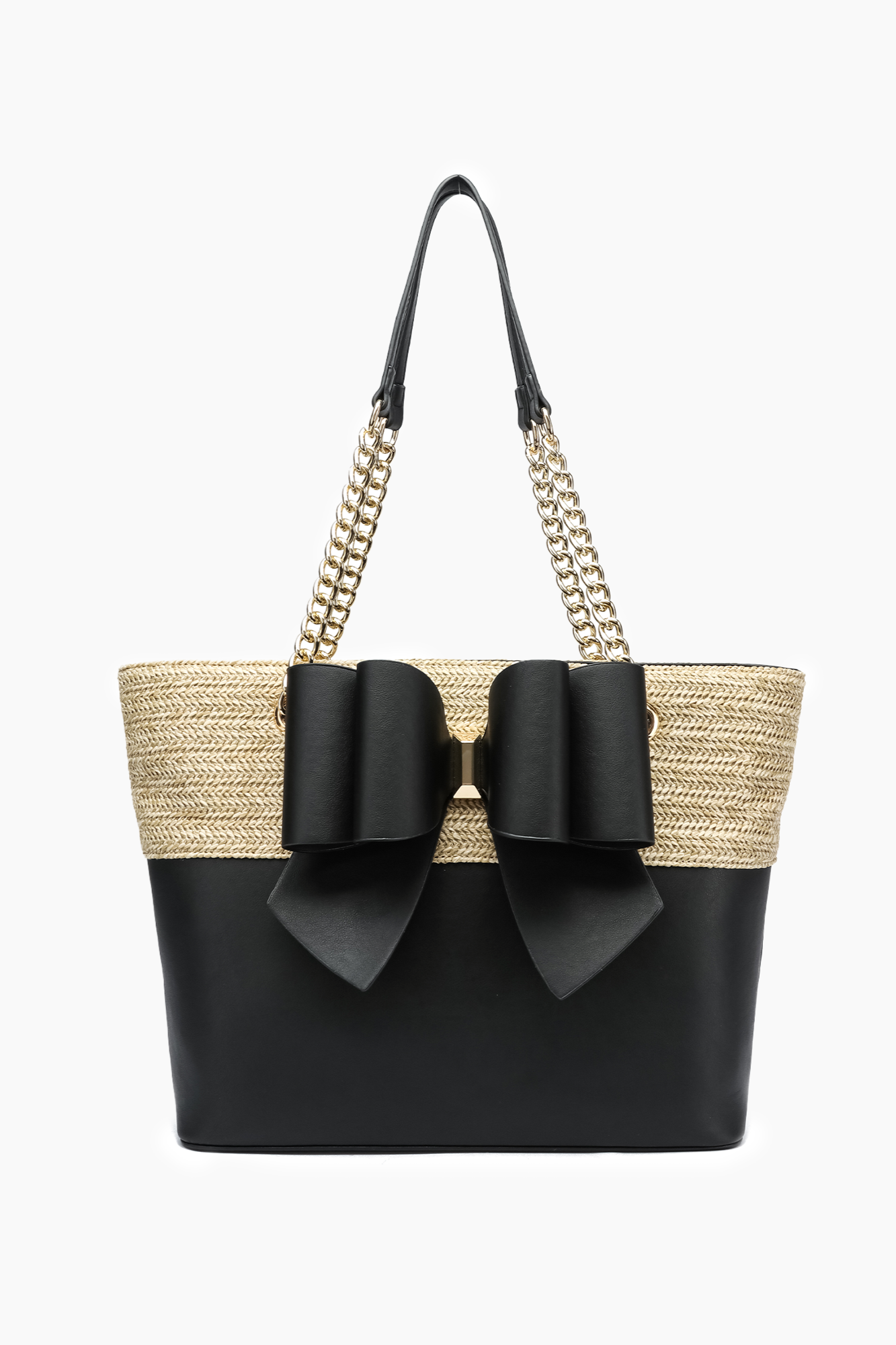 Daisy Bowtie Dual Straw Tote Bag: Black | Uniquely Claudia Boutique