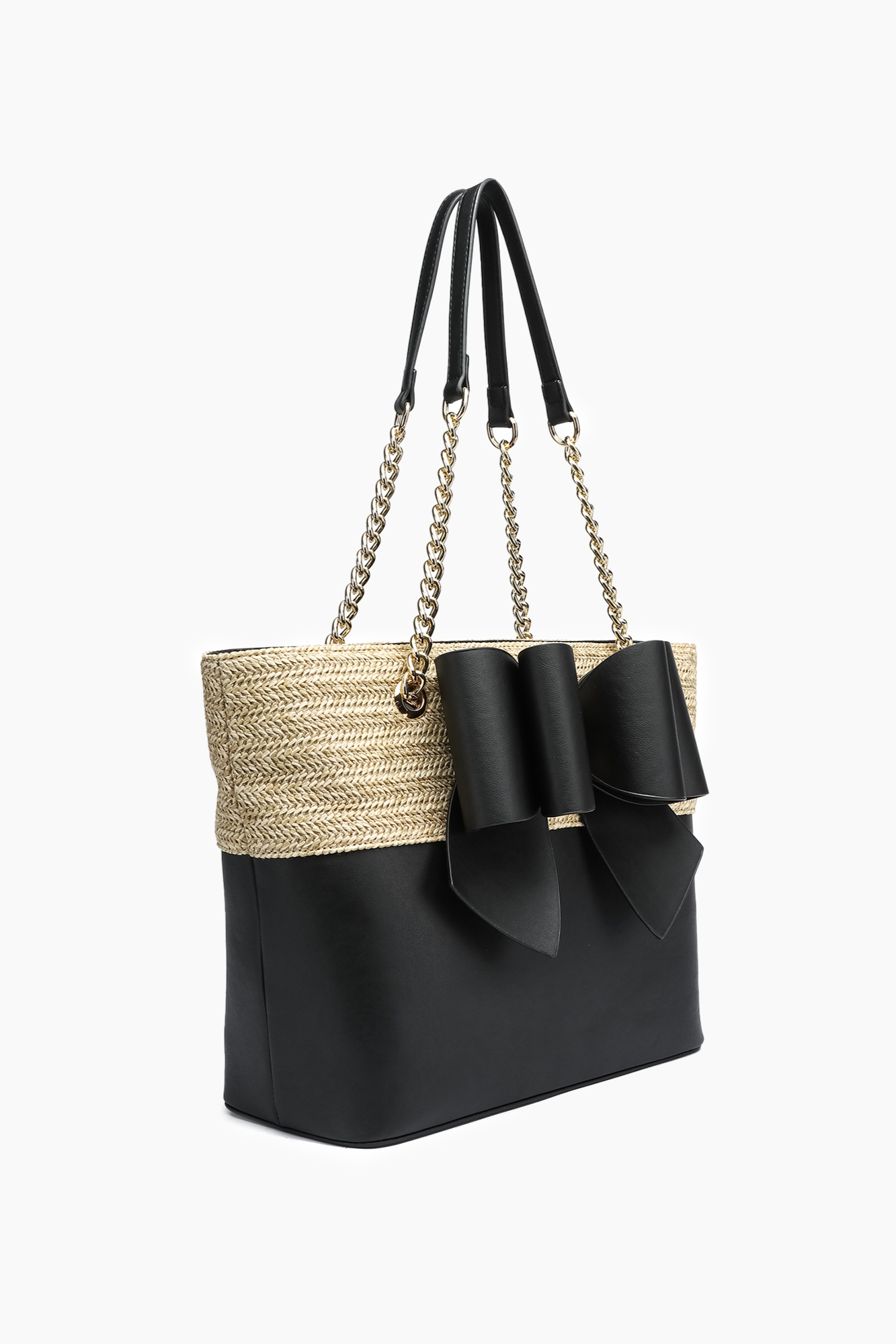 Daisy Bowtie Dual Straw Tote Bag: Black | Uniquely Claudia Boutique