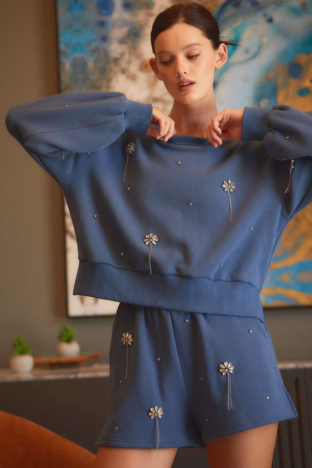 Jaydeen Rhinestone Embellished Sweatshirt Top & Short Set | Uniquely Claudia Boutique