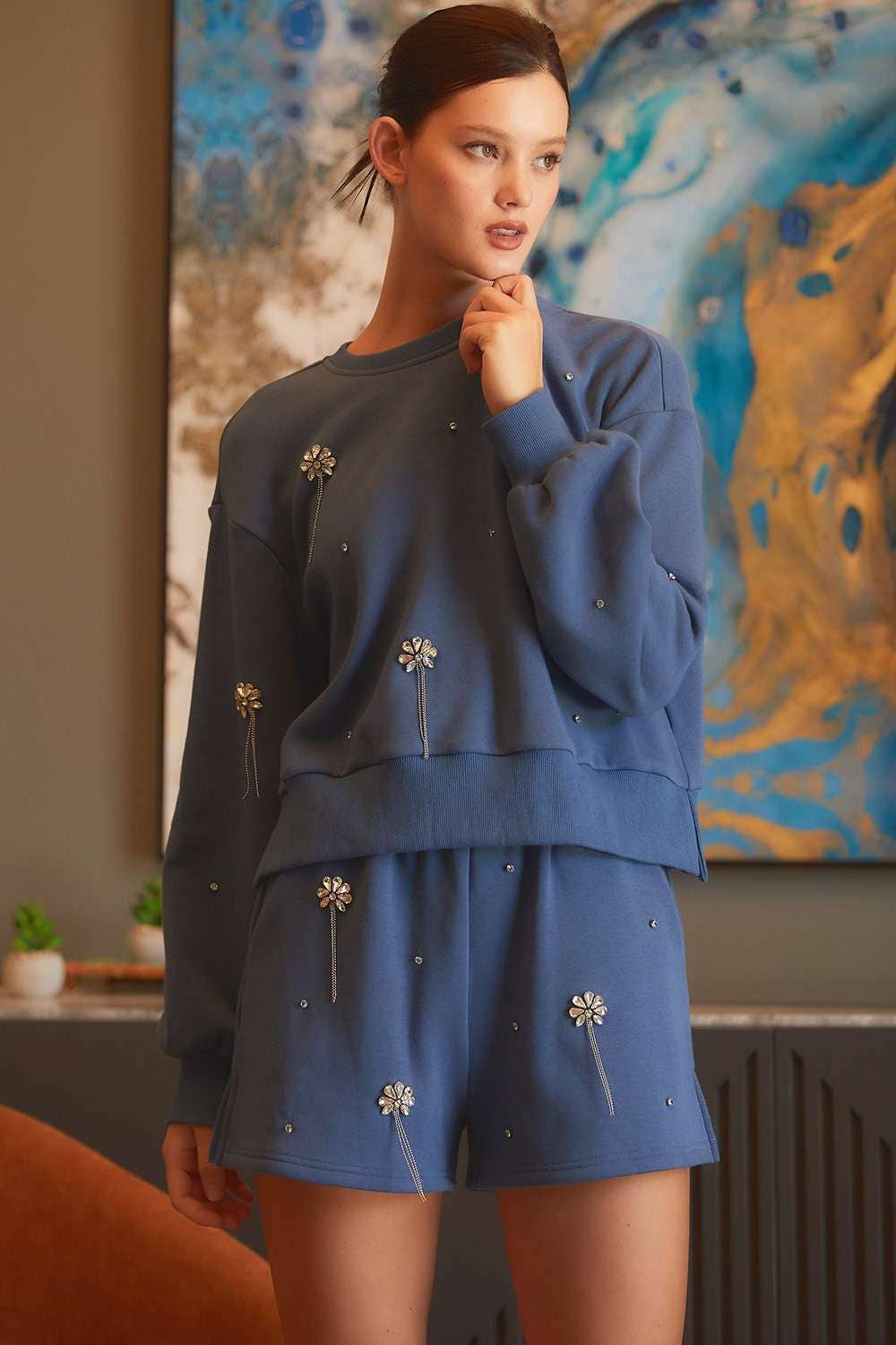 Jaydeen Rhinestone Embellished Sweatshirt Top & Short Set | Uniquely Claudia Boutique