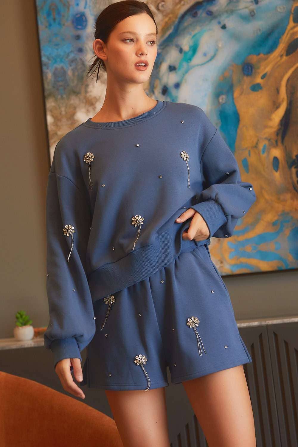 Jaydeen Rhinestone Embellished Sweatshirt Top & Short Set | Uniquely Claudia Boutique