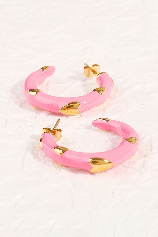 Heart Pink Enamel Open Hoop Earrings - Uniquely Claudia Boutique