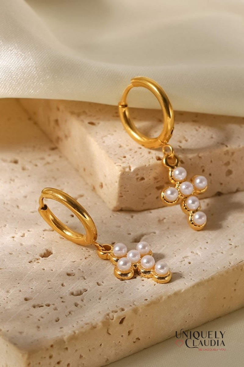 Mini Pearl Cross Hoop Stainless Steel Earrings | Uniquely Claudia Boutique