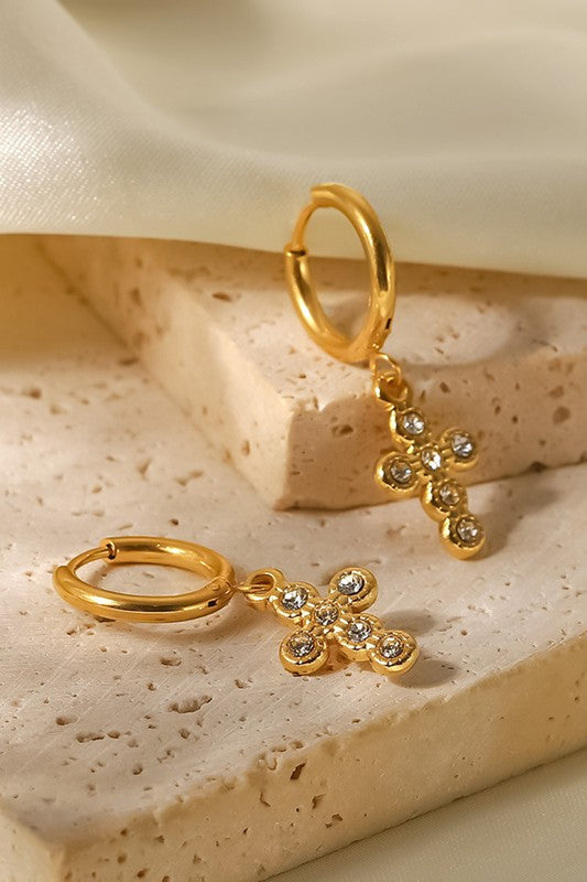 Mini Rhinestone Cross Hoop Stainless Steel Earrings | Uniquely Claudia Boutique