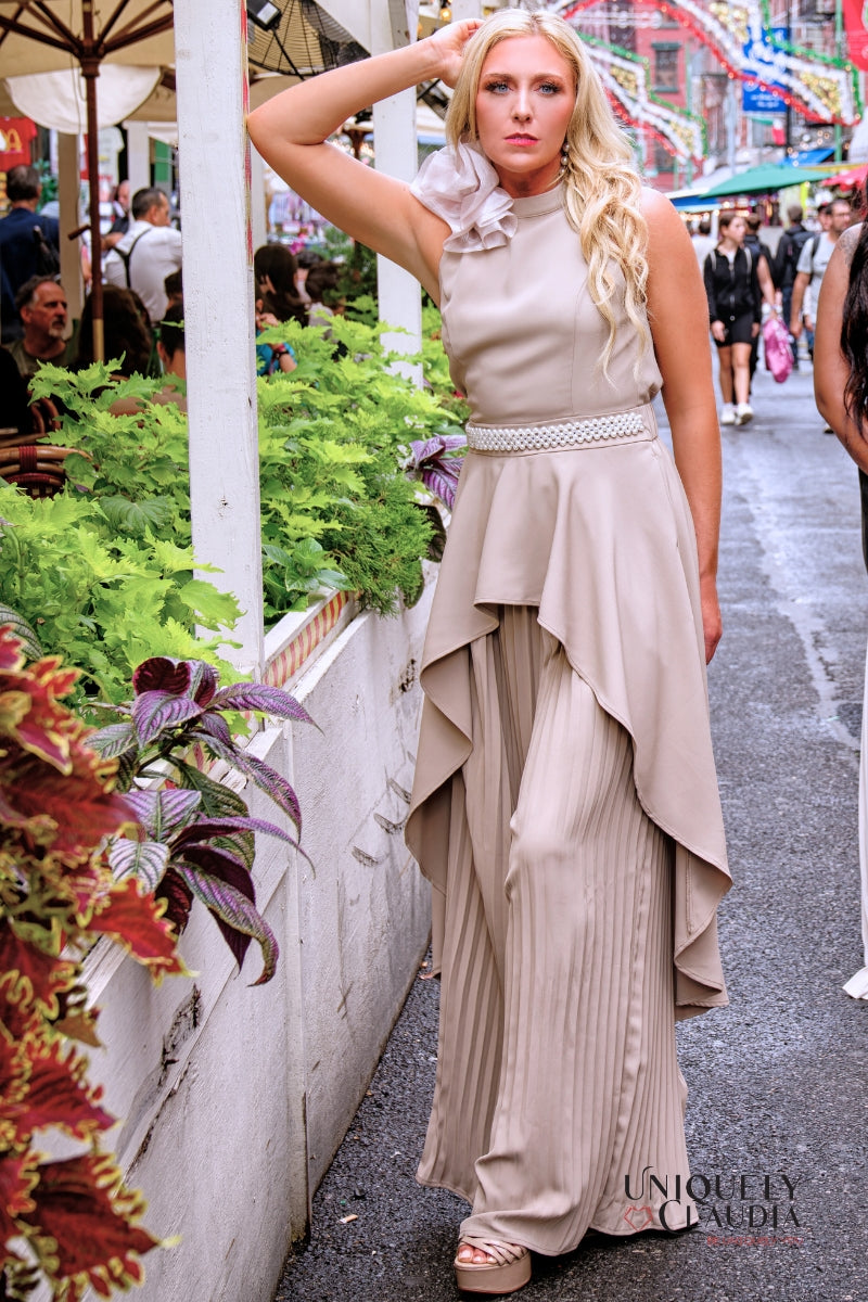 Michelle Hi-Low Hem High-Neck Top & Pleated Pant Set | Uniquely Claudia Boutique