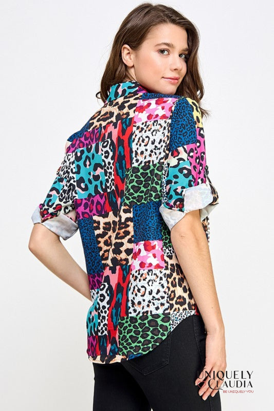 Norma Animal Print Block 3/4 Sleeve Embellished Blouse | Uniquely Claudia Boutique