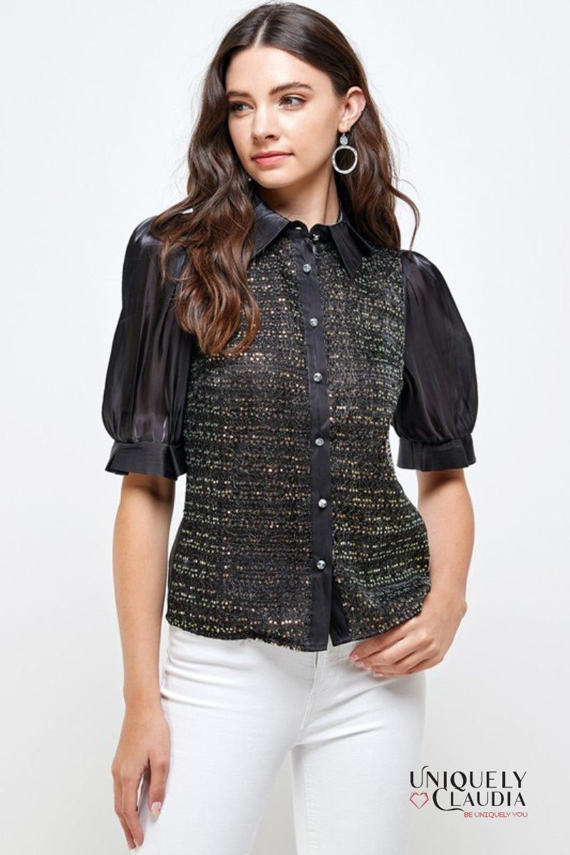 Tabitha Bronze Sequence Lurex Black Blouse | Uniquely Claudia Boutique