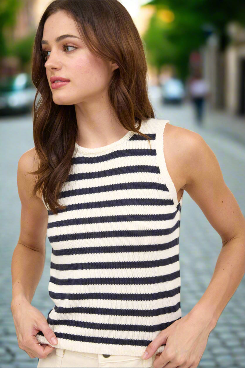 Lina Navy Stripe Knit Tank Top | Uniquely Claudia