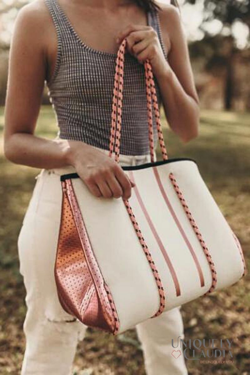 Women's Handbags | Ava Off-White with Rose Gold Accents Tote Bag | Uniquely Claudia Boutique