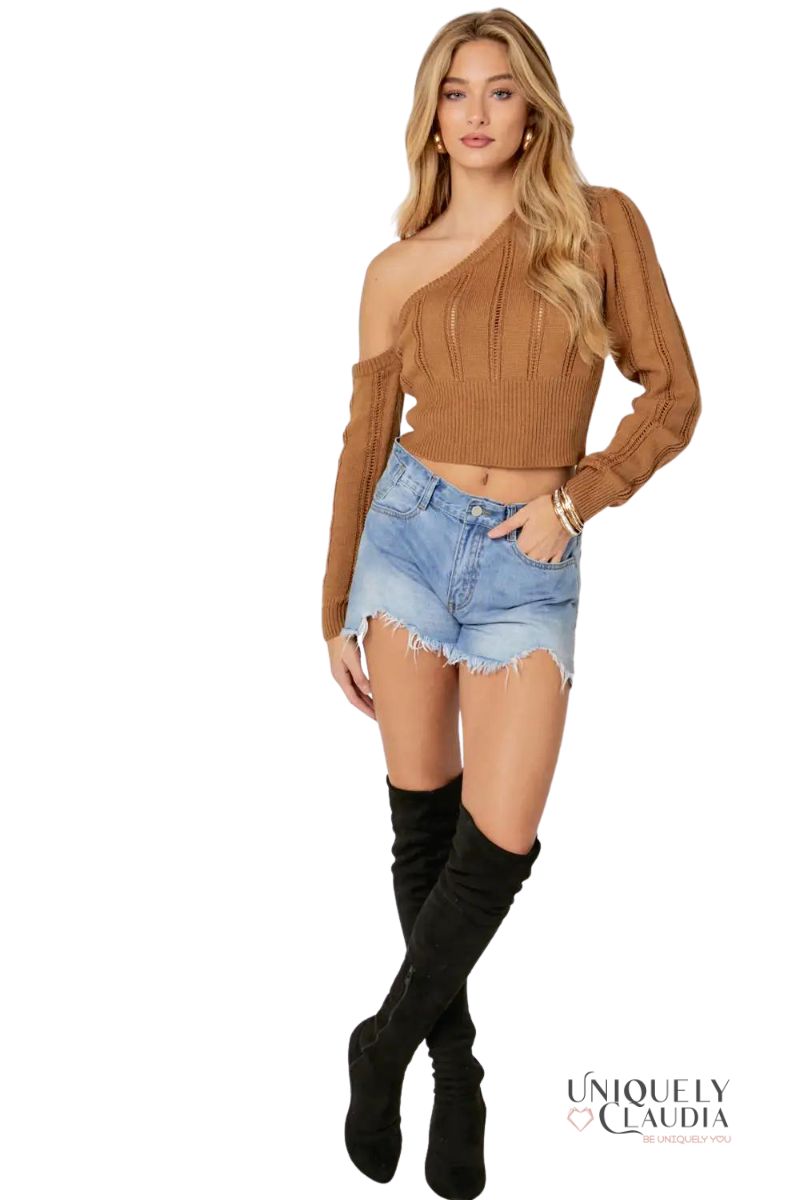 Women's Sweaters | Kendra Pointelle Knit One-Shoulder Sweater Top | Uniquely Claudia Boutique