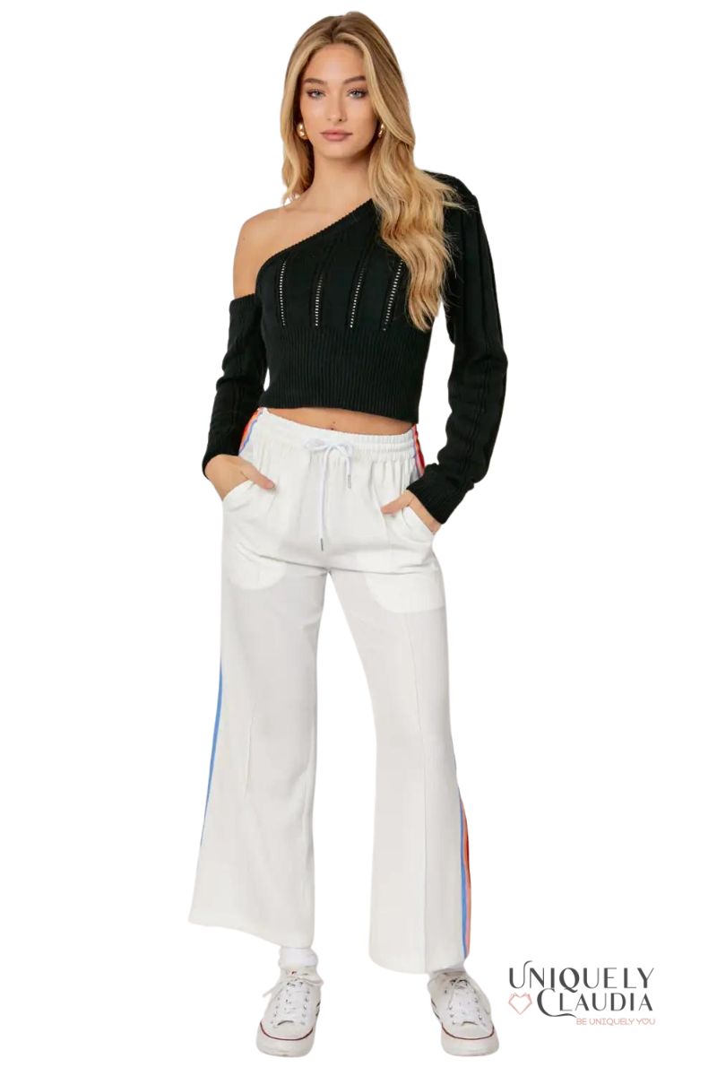 Women's Sweaters | Kendra Pointelle Knit One-Shoulder Sweater Top | Uniquely Claudia Boutique