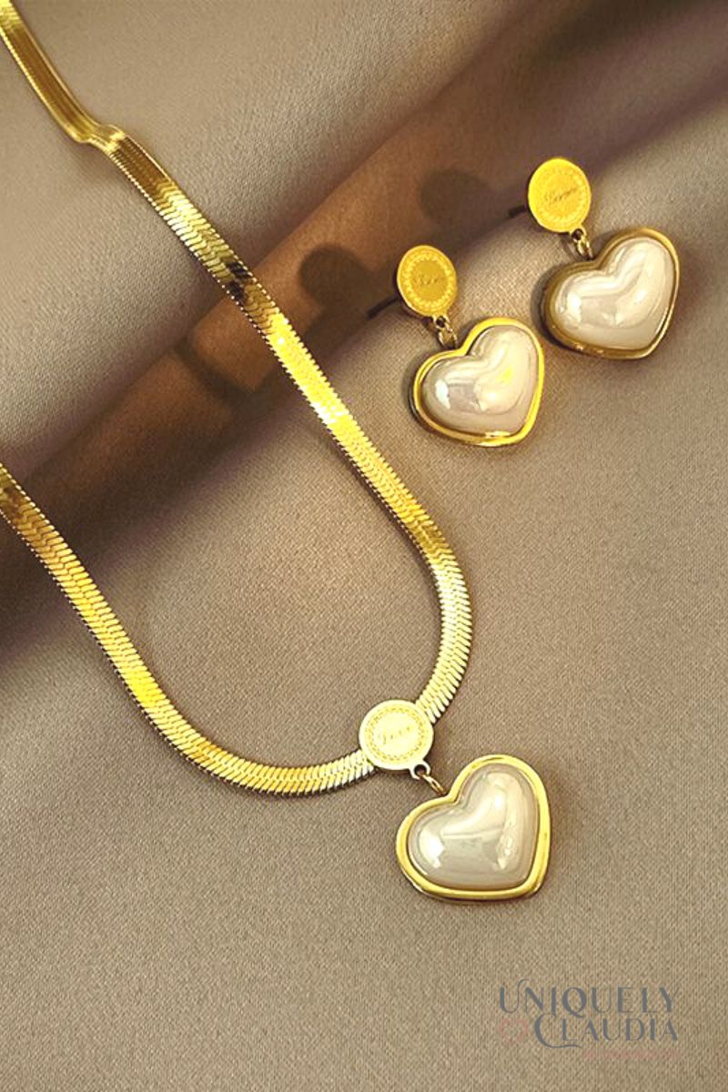 Women's Necklace | Pearl Heart Stainless Steel Earrings & Necklace Set | Uniquely Claudia Boutique