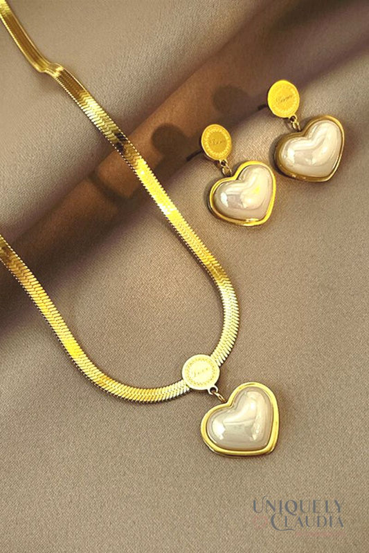 Women's Necklace | Pearl Heart Stainless Steel Earrings & Necklace Set | Uniquely Claudia Boutique