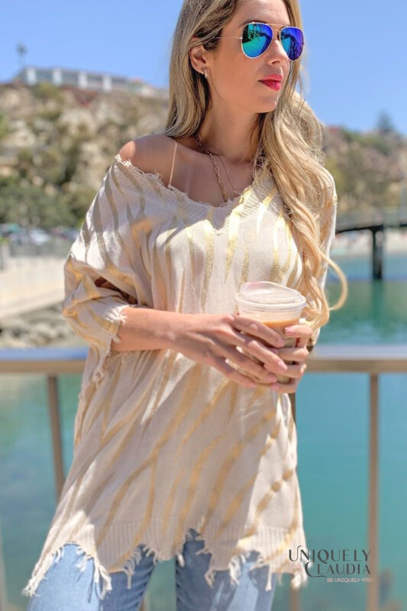 Sigrid Gold Printed Distressed Knit Top | Uniquely Claudia