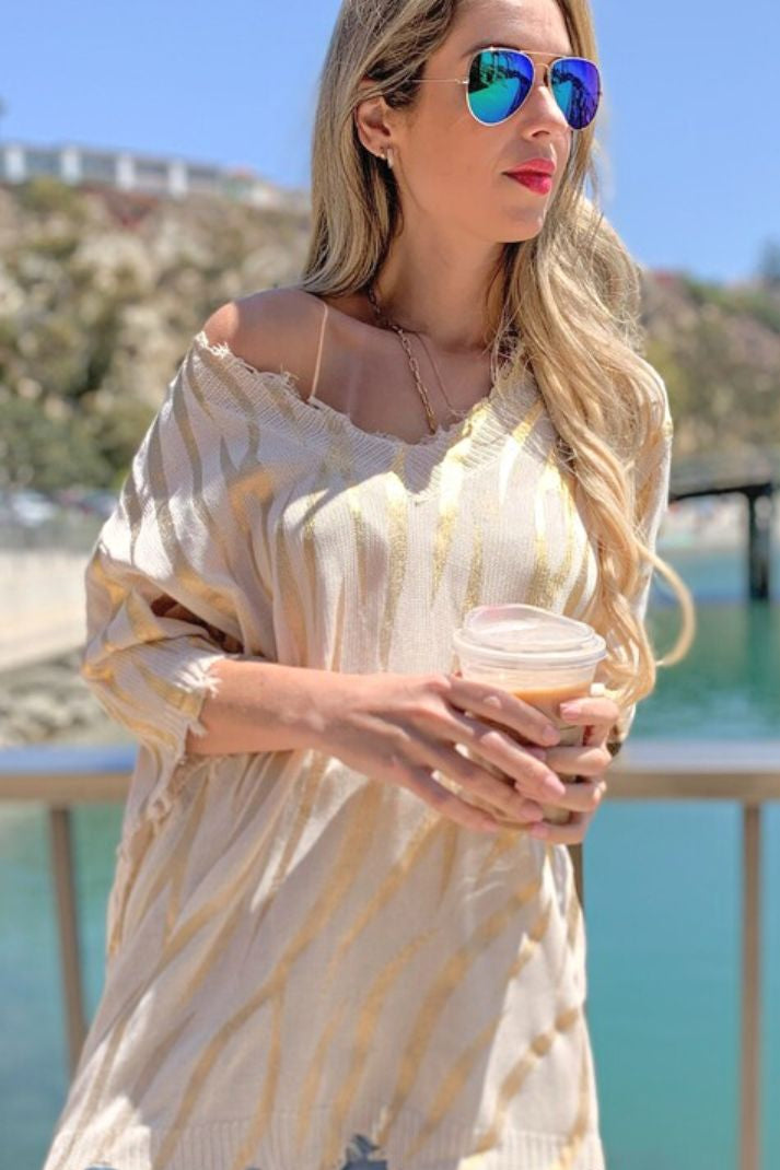 Sigrid Gold Printed Distressed Knit Top | Uniquely Claudia
