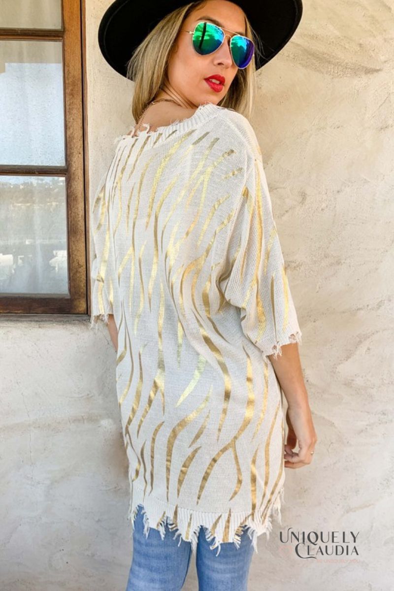 Sigrid Gold Printed Distressed Knit Top | Uniquely Claudia