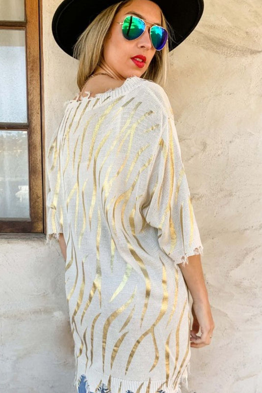 Sigrid Gold Printed Distressed Knit Top | Uniquely Claudia