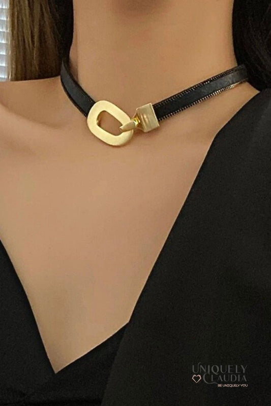 Glam Oval Goldtone Vegan Strap Choker  | Uniquely Claudia