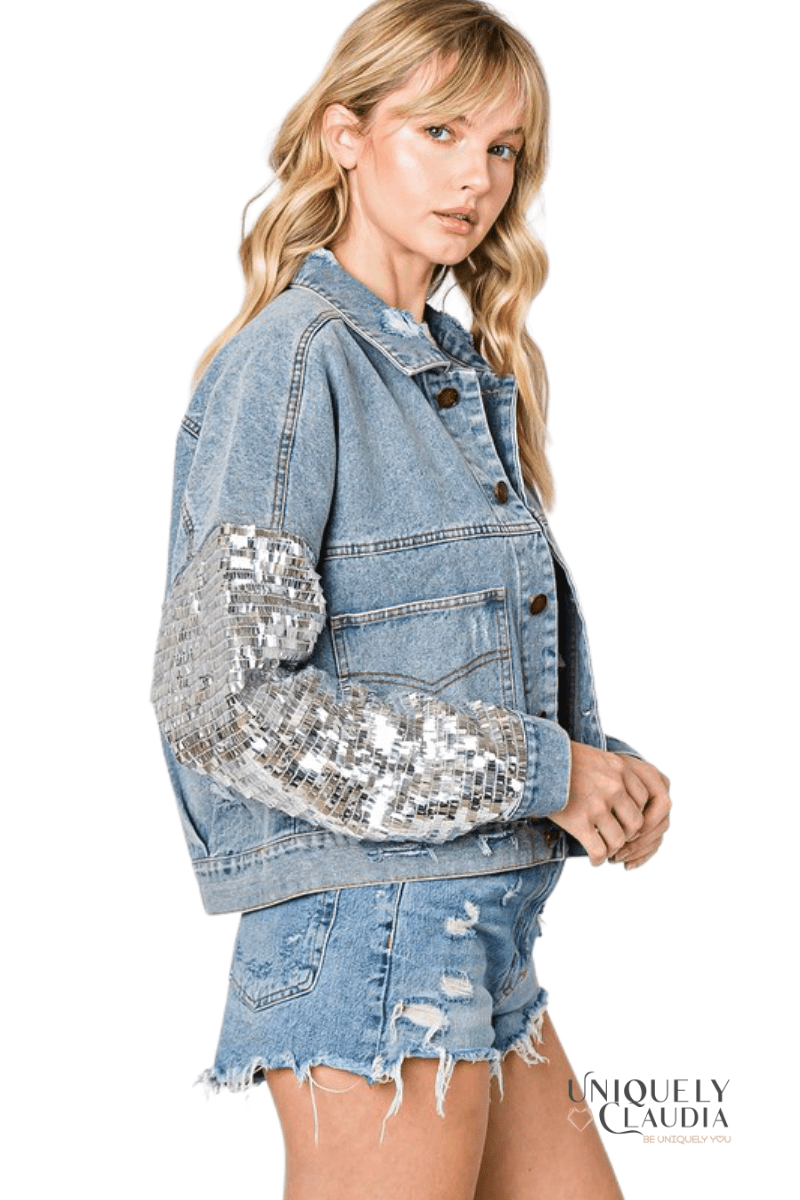Brittney Sequins Detail Distressed Denim Jacket - UNIQUELY CLAUDIA