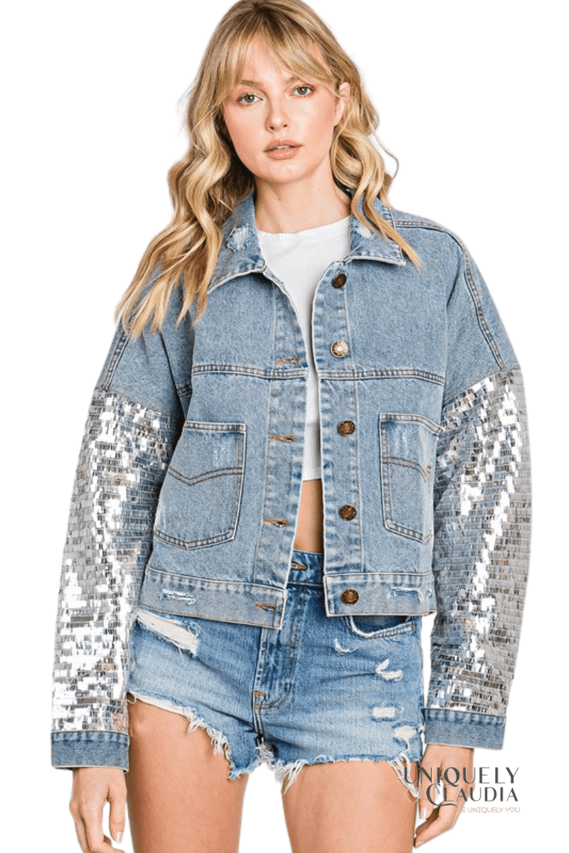 Brittney Sequins Detail Distressed Denim Jacket - UNIQUELY CLAUDIA