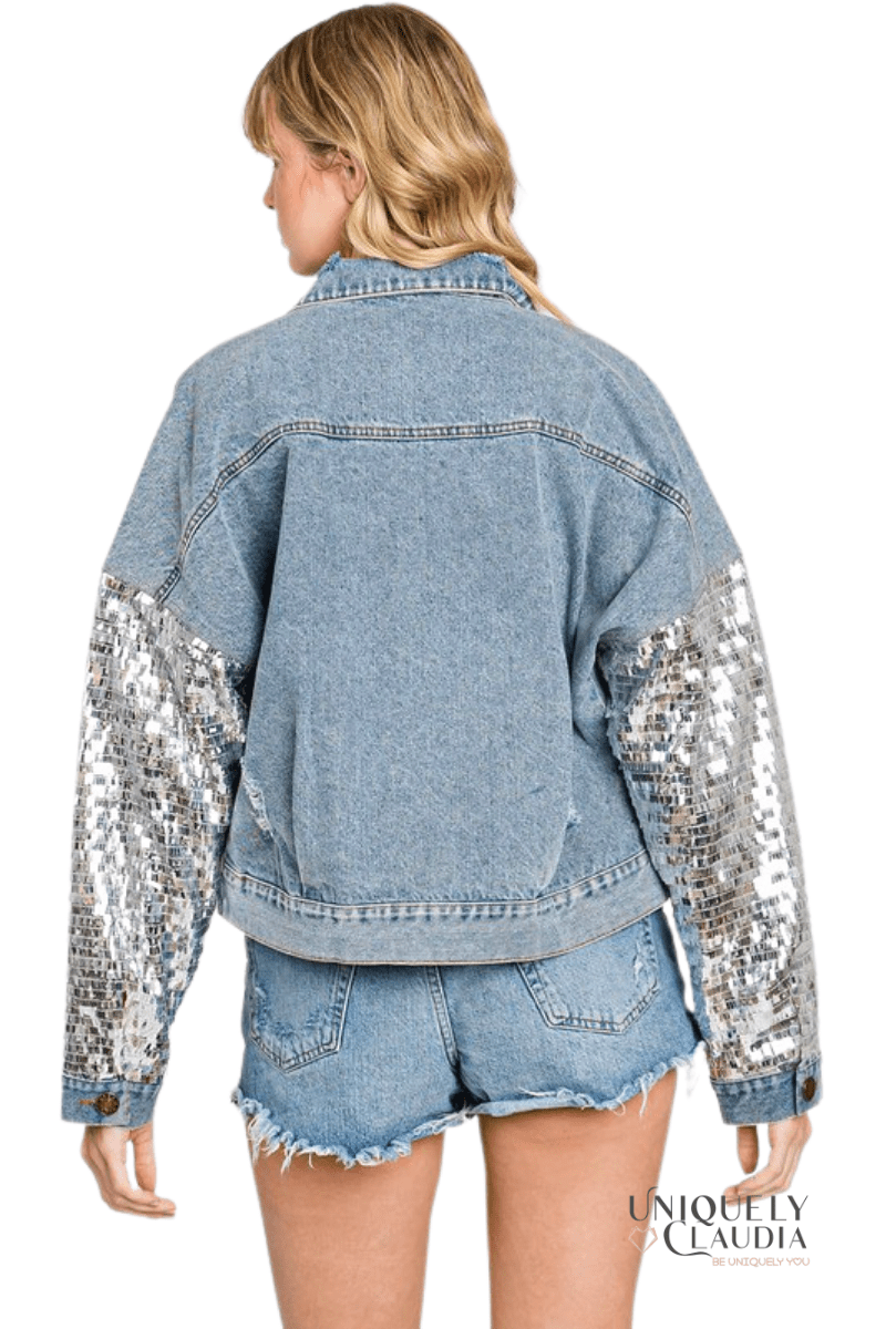 Brittney Sequins Detail Distressed Denim Jacket - UNIQUELY CLAUDIA