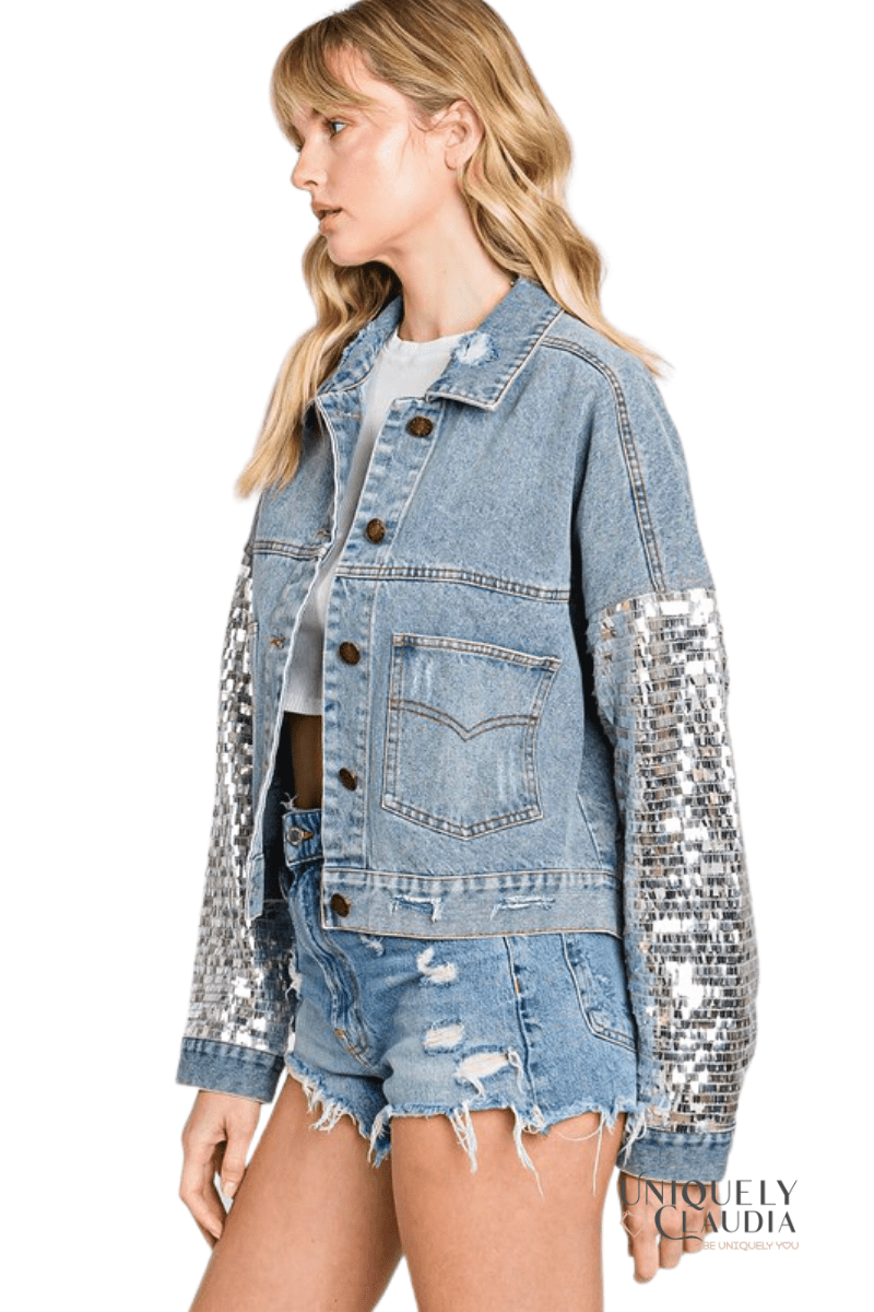 Brittney Sequins Detail Distressed Denim Jacket - UNIQUELY CLAUDIA