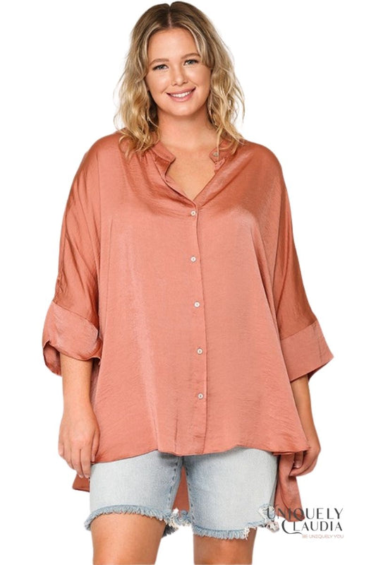 EDGY PLUS: Carina Satin Button Down Top | Uniquely Claudia