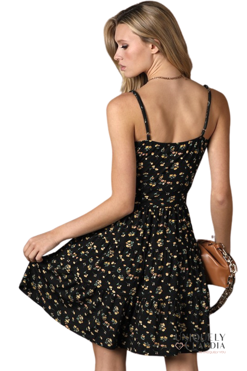 Margret Floral Print Spaghetti Strap Ruffle Dress - UNIQUELY CLAUDIA