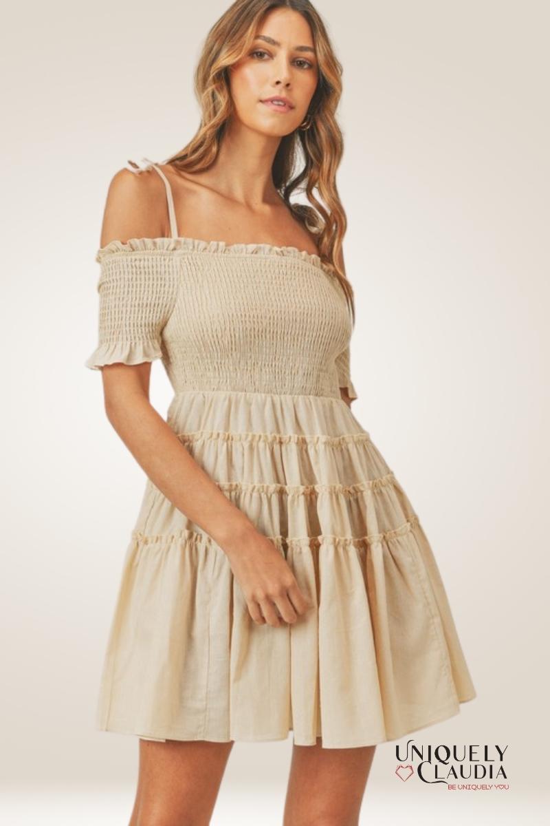 Leslie Smocked Off-Shoulder Mini Tiered Dress | Uniquely Claudia Boutique L / Beige Leslie Smocked Off-Shoulder Mini Tiered Dress | Uniquely Claudia Boutique L / Beige