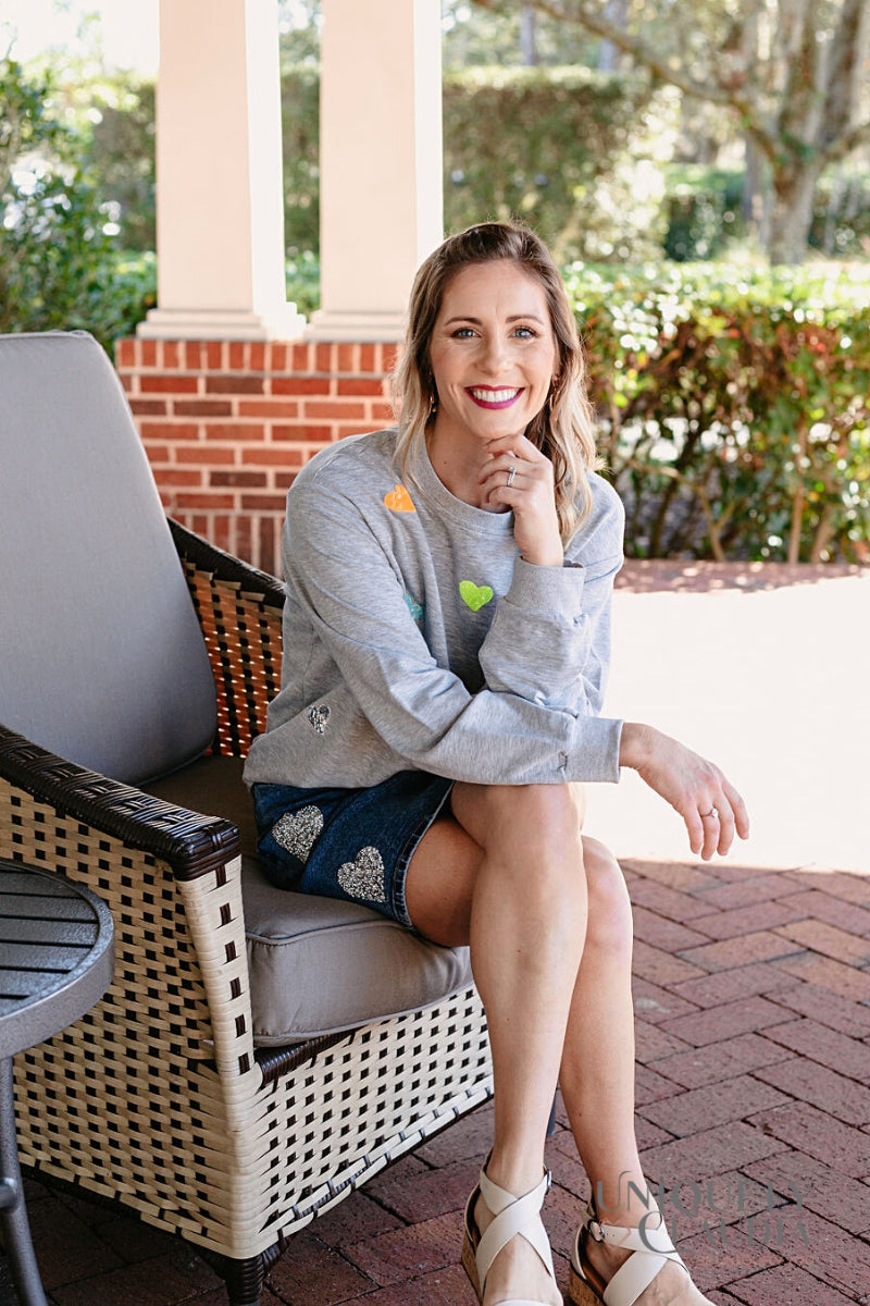 Women's Tops | Amanda Sequined Hearts Gray Pullover Sweatshirt | Uniquely Claudia Boutique