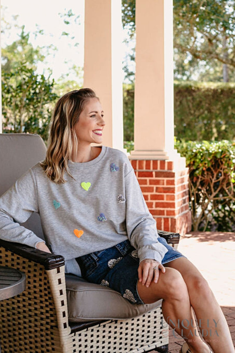 Women's Tops | Amanda Sequined Hearts Gray Pullover Sweatshirt | Uniquely Claudia Boutique