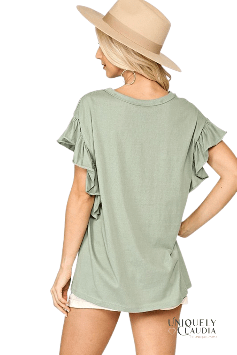 Roxane Solid Slub Cotton Knit Shoulder Flutter Sleeve Top - UNIQUELY CLAUDIA