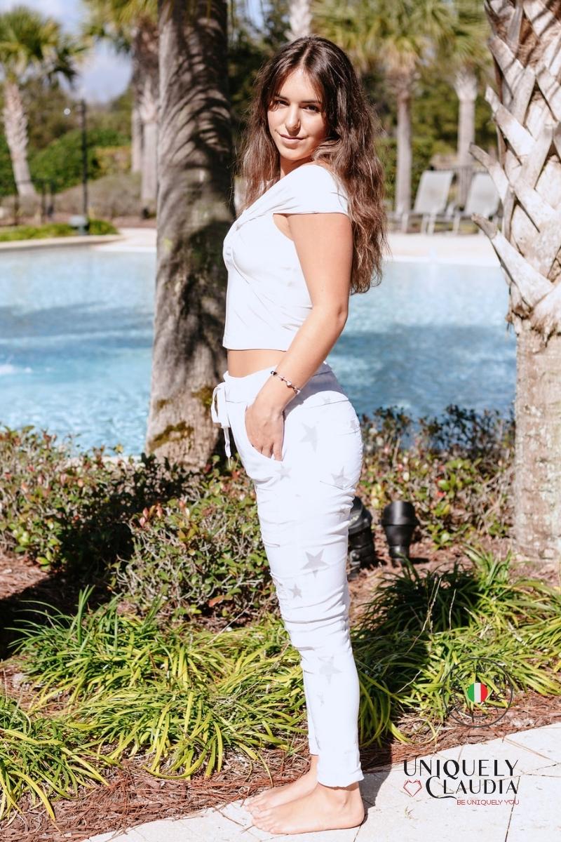 Women's Joggers | Luce Stellare Embellished Crinkle White Joggers | Uniquely Claudia Boutique