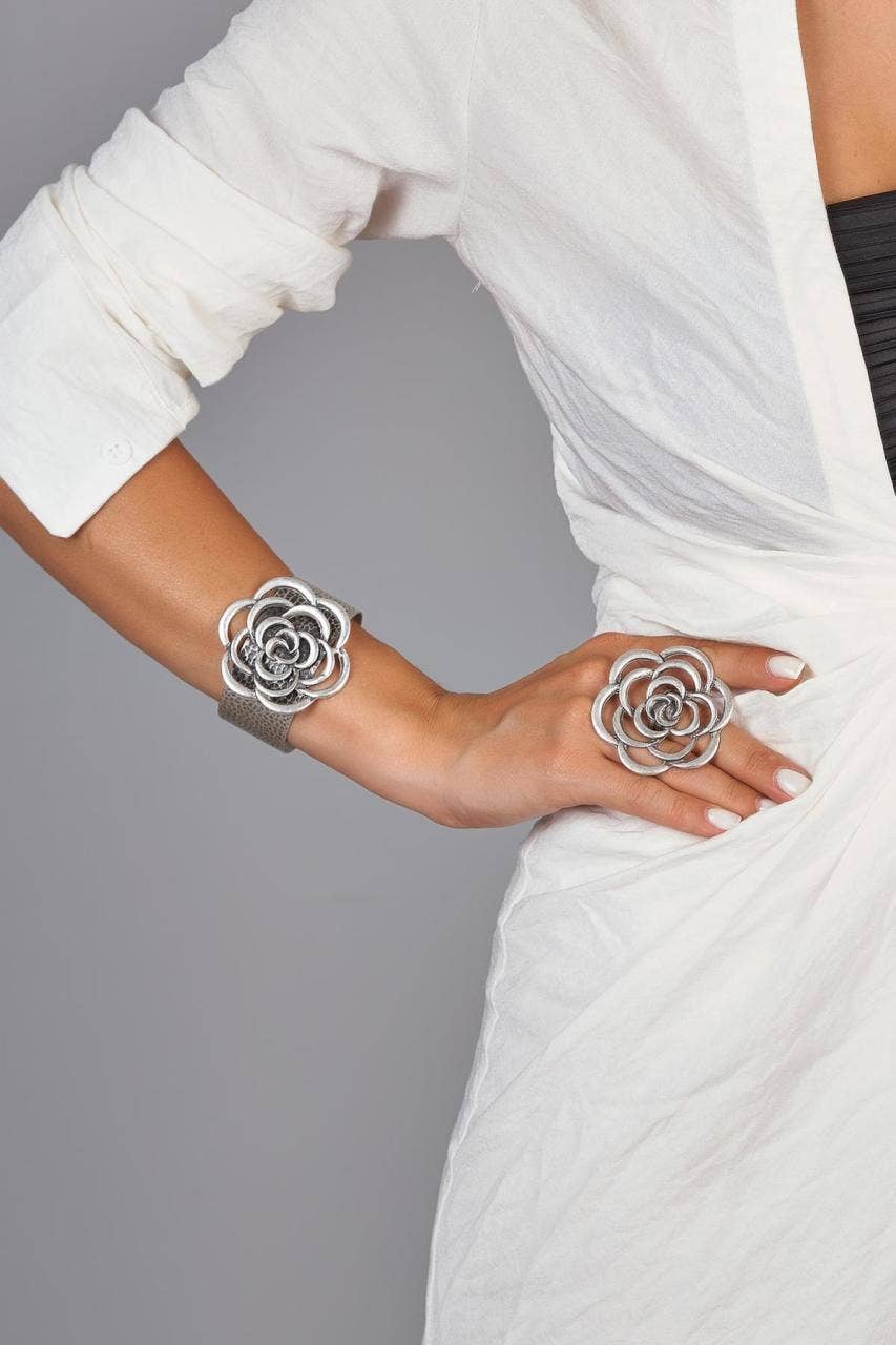 Rose Design Adjustable Ring & Cuff Bracelet Set | Uniquely Claudia Boutique