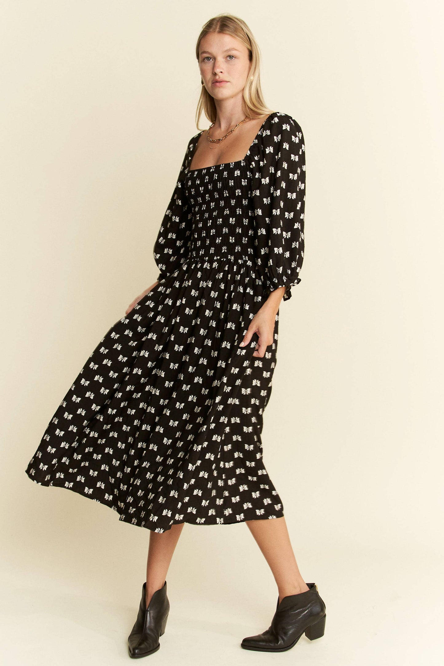 Paloma Ribbon Print Puff Sleeve Midi Dress - Uniquely Claudia Boutique