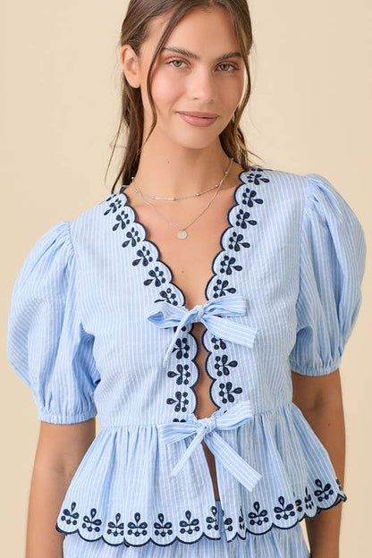 Deena V-neck Peplum Blouse With Scallop Edges