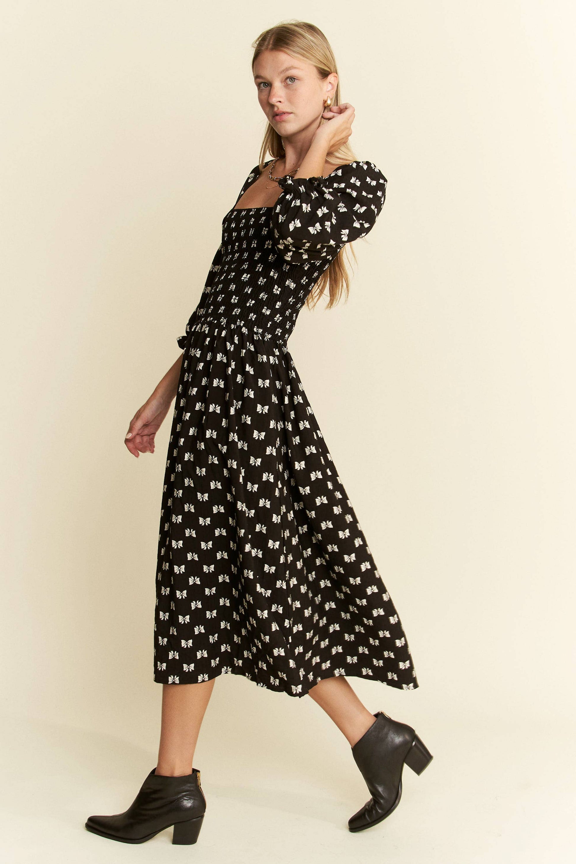 Paloma Ribbon Print Puff Sleeve Midi Dress - Uniquely Claudia Boutique