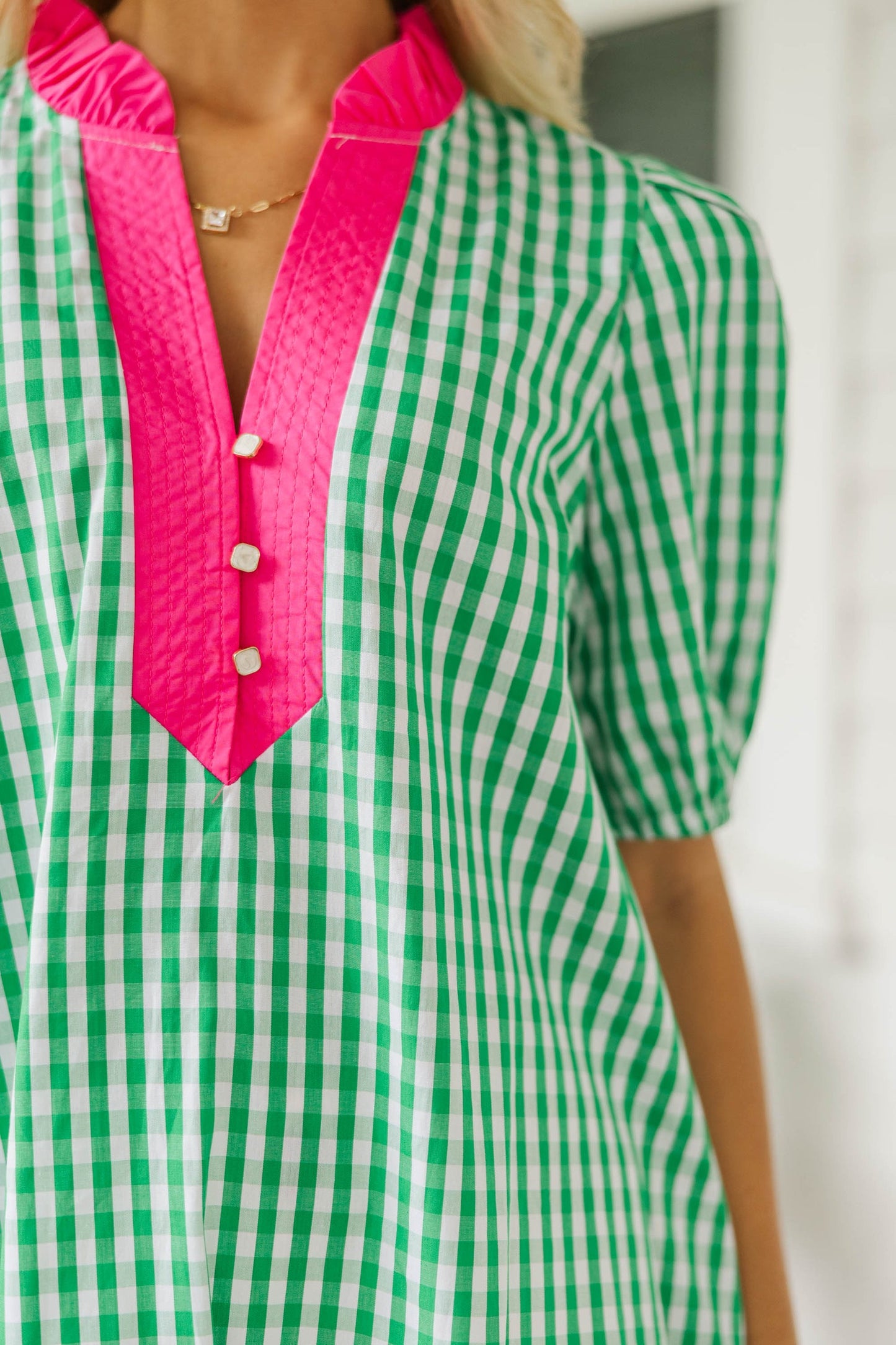 Melanie Hot Pink Contrast Gingham Puff Sleeve Top
