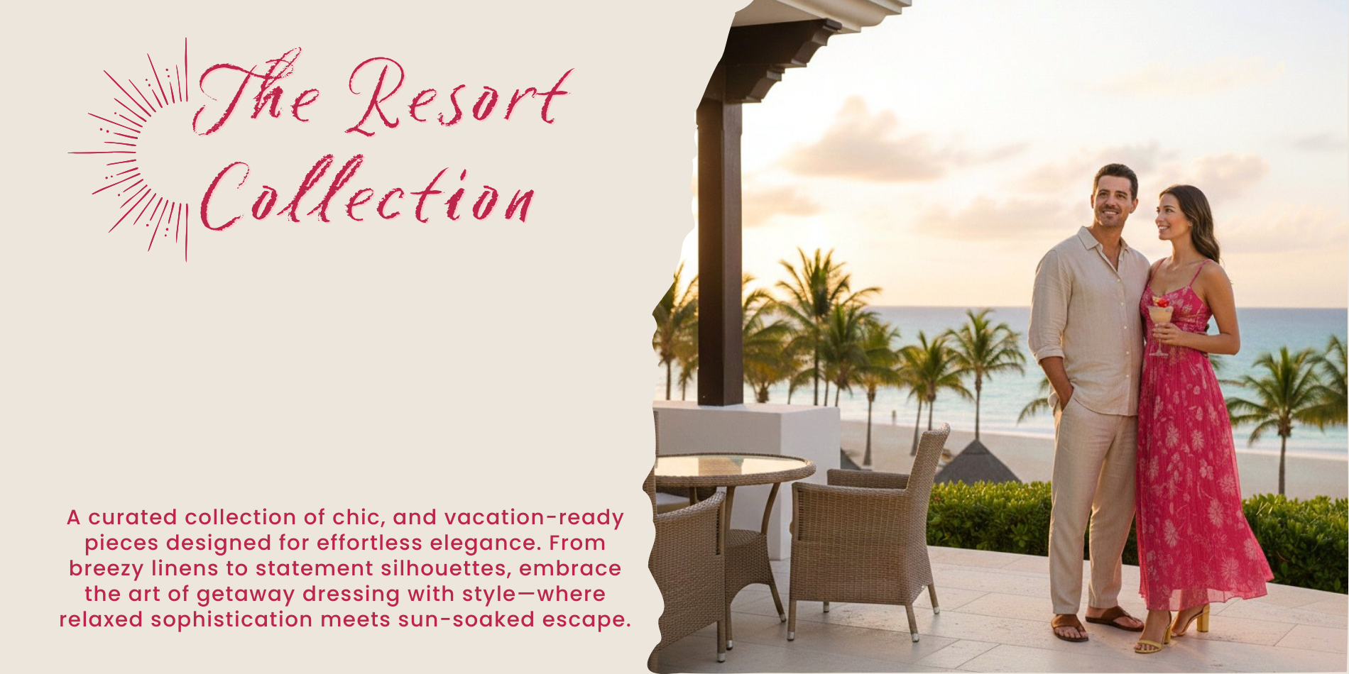 Man and woman standing on a resort patio with palm trees and sunset, featuring The Resort Collection.