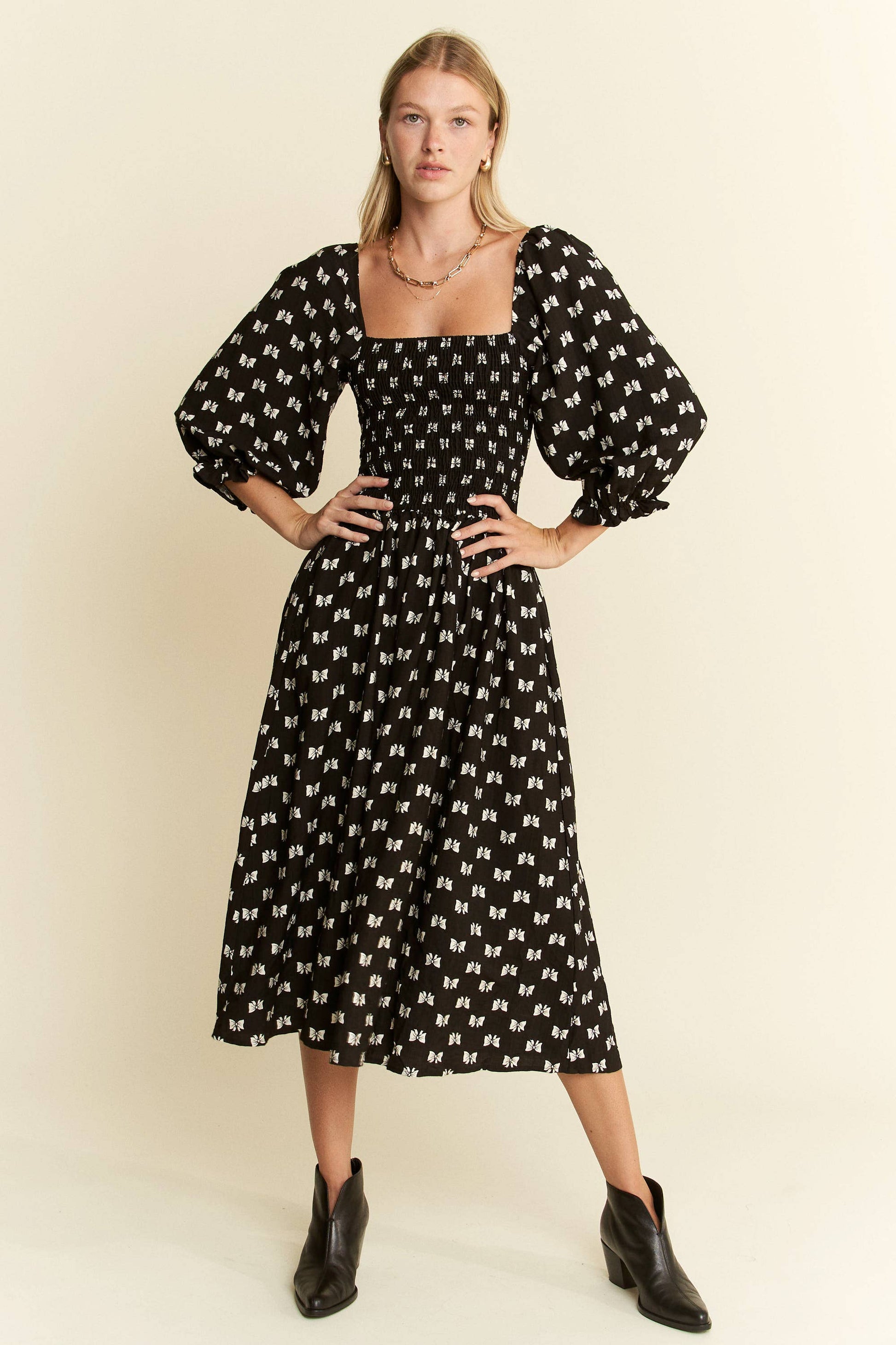 Paloma Ribbon Print Puff Sleeve Midi Dress - Uniquely Claudia Boutique