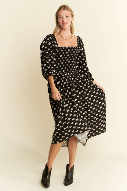 Paloma Ribbon Print Puff Sleeve Midi Dress - Uniquely Claudia Boutique