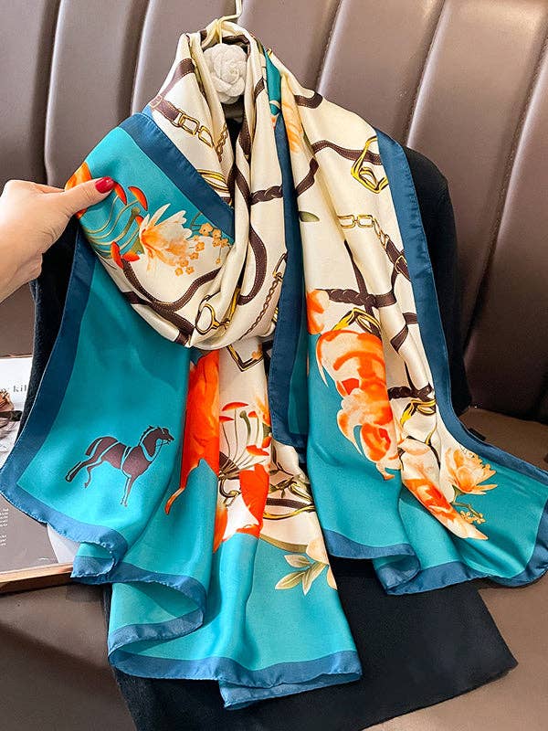 Buckle & Straps Floral Printed Vegan Silk Scarf - Uniquely Claudia Boutique