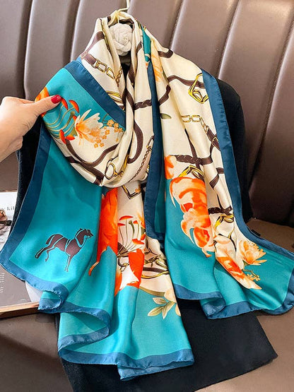 Buckle & Straps Floral Printed Vegan Silk Scarf - Uniquely Claudia Boutique