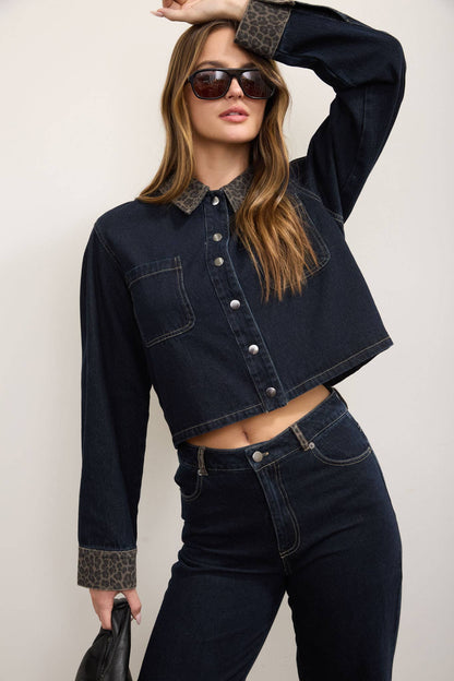 Katiuska Leopard Contrast Dark Denim Jacket