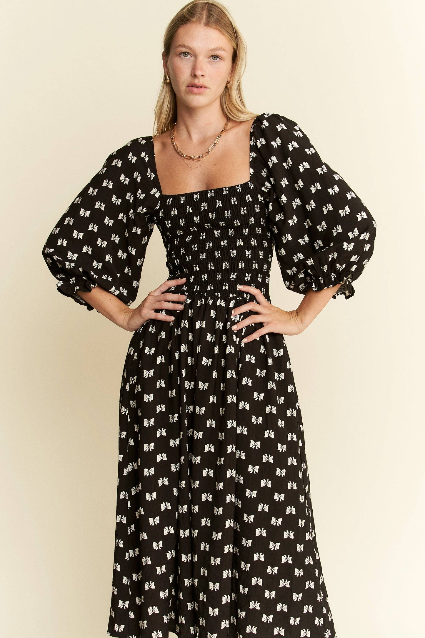 Paloma Ribbon Print Puff Sleeve Midi Dress - Uniquely Claudia Boutique