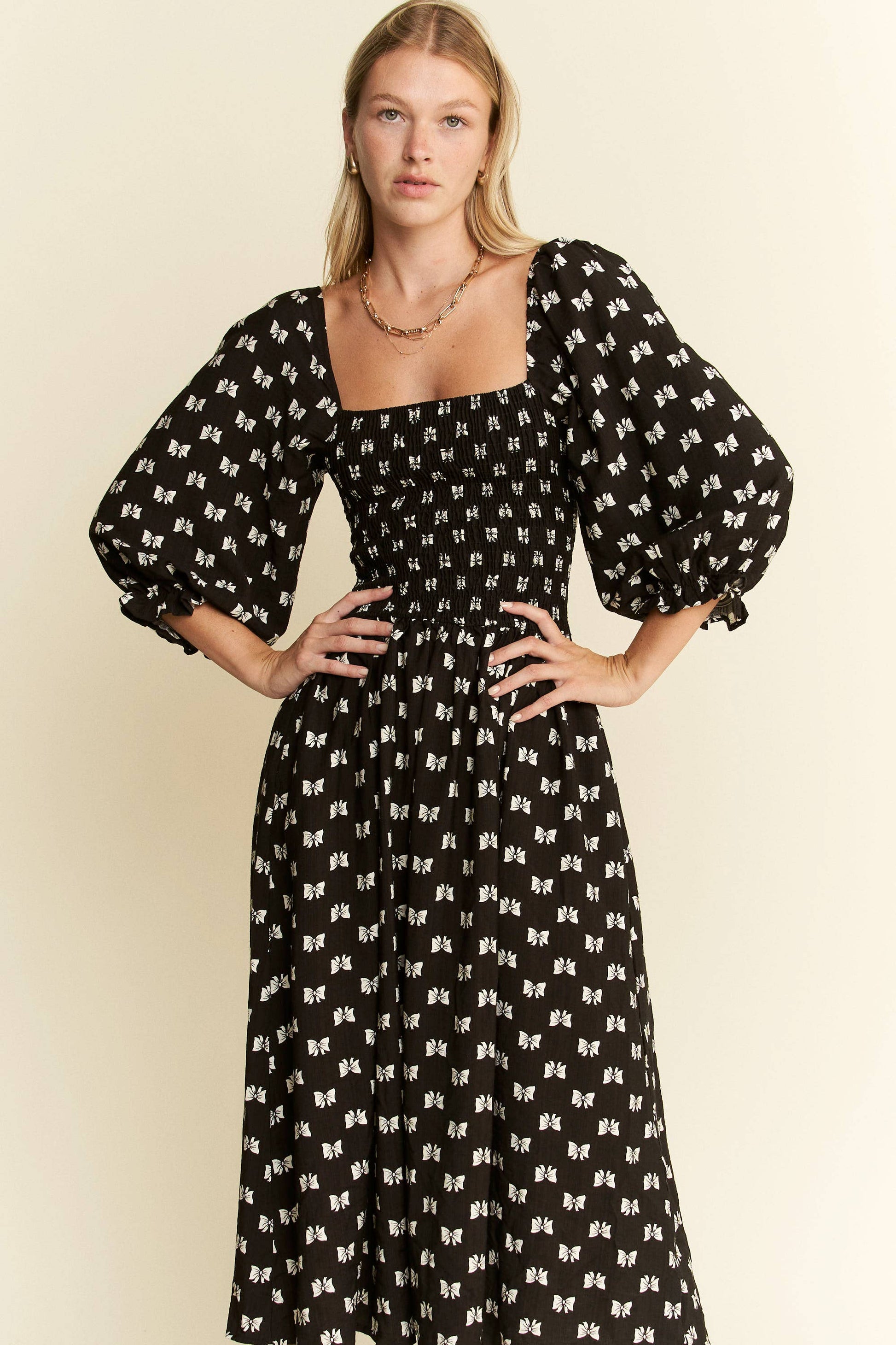 Paloma Ribbon Print Puff Sleeve Midi Dress - Uniquely Claudia Boutique