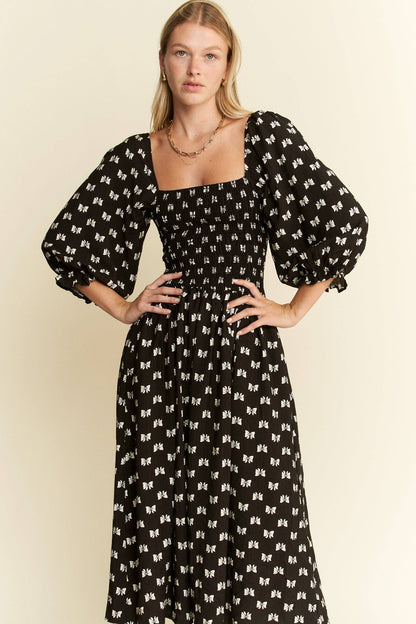 Paloma Ribbon Print Puff Sleeve Midi Dress - Uniquely Claudia Boutique