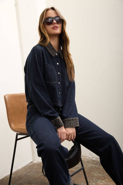 Katiuska Leopard Contrast Dark Denim Jacket